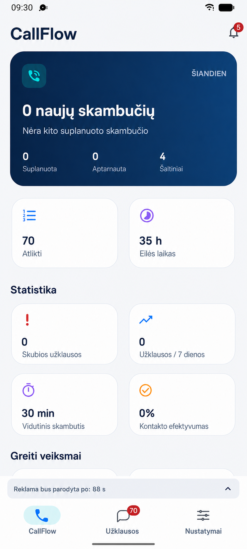 Skambučių eilė programoje CallFlow