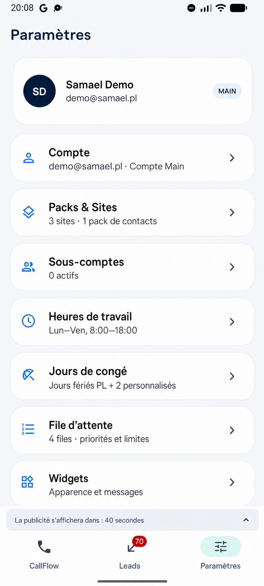 Paramètres de CallFlow