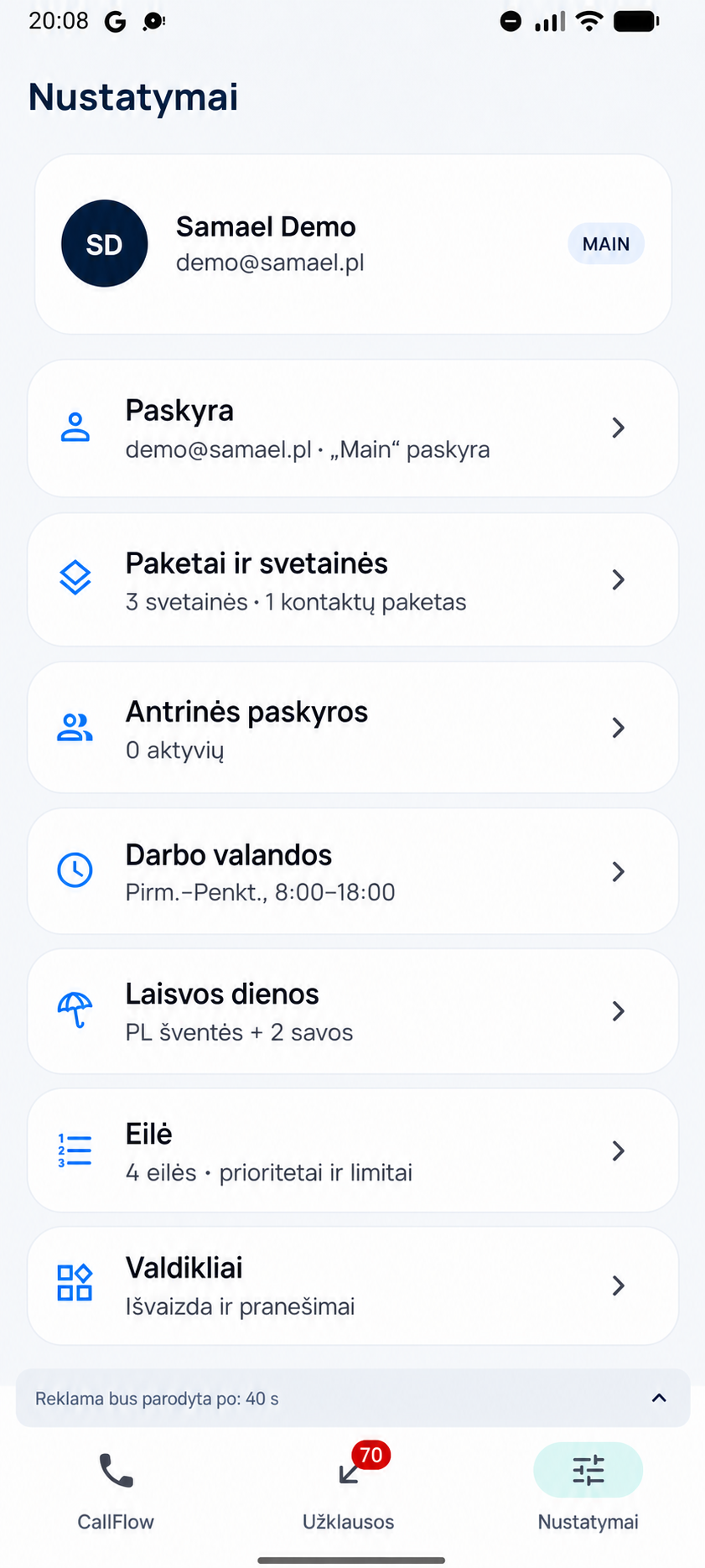 CallFlow nustatymai