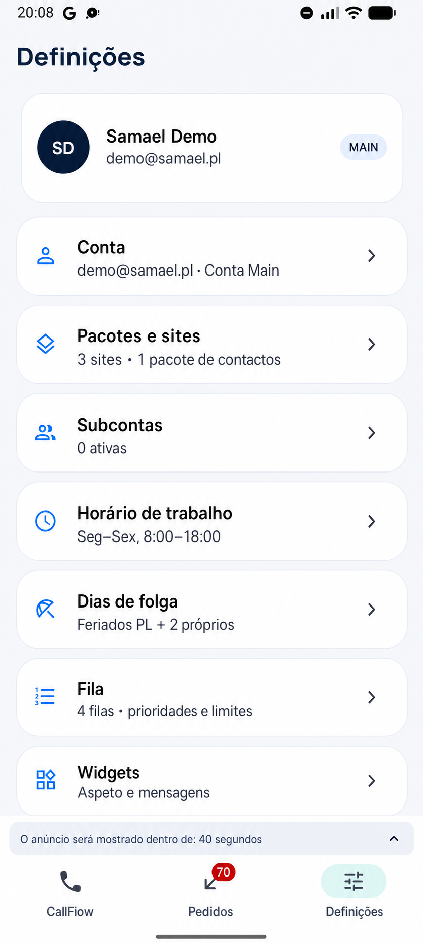 Configurações de fluxo de chamada