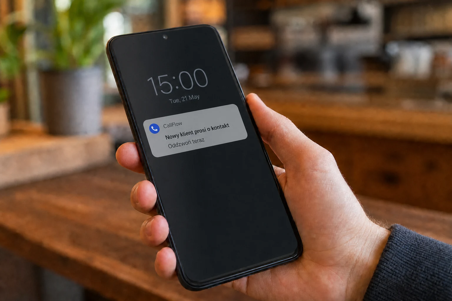 Telefon z powiadomieniem CallFlow: Nowy klient prosi o kontakt — Oddzwoń teraz